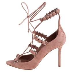 Pre Owned Alaia Beige Suede Bombe Embellished Open Toe Ankle Wrap Sandals Size 39
