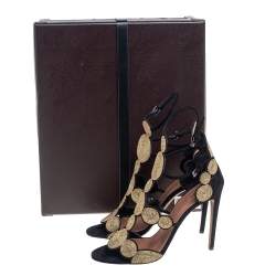 Pre Owned Alaia Black/Gold Suede Circle Embroidery Detail Ankle Strap Sandals Size 40