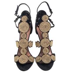 Pre Owned Alaia Black/Gold Suede Circle Embroidery Detail Ankle Strap Sandals Size 40