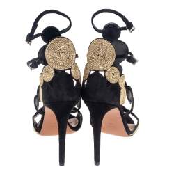 Pre Owned Alaia Black/Gold Suede Circle Embroidery Detail Ankle Strap Sandals Size 40