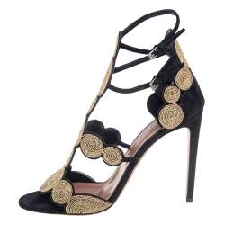 Pre Owned Alaia Black/Gold Suede Circle Embroidery Detail Ankle Strap Sandals Size 40