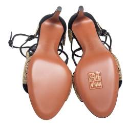 Pre Owned Alaia Black/Gold Suede Circle Embroidery Detail Ankle Strap Sandals Size 40