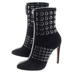 Pre Owned Alaia Black Laser Cut Suede Mid Calf Boots Size 38.5