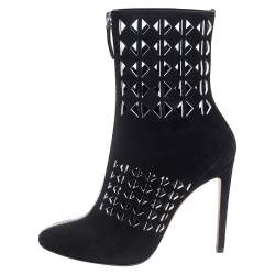 Pre Owned Alaia Black Laser Cut Suede Mid Calf Boots Size 38.5