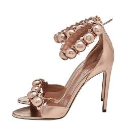 Pre Owned Alaia Metallic Rose Gold Leather Bombe Ankle Strap Sandals Size 39.5