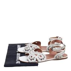 Pre Owned Alaia White Leather Studded Ankle Strap Flat Sandals Size 37