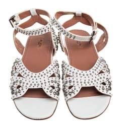 Pre Owned Alaia White Leather Studded Ankle Strap Flat Sandals Size 37
