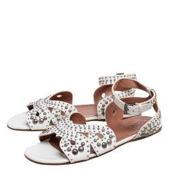 Pre Owned Alaia White Leather Studded Ankle Strap Flat Sandals Size 37