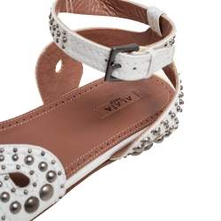 Pre Owned Alaia White Leather Studded Ankle Strap Flat Sandals Size 37