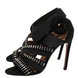 Pre Owned Alaia Black Studded Suede Cross Strap Open Toe Ankle Sandals Size 36