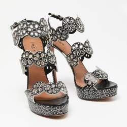 Pre Owned Alaia Black Laser Cut Leather Platform Strap Sandals Size 39.5