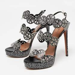 Pre Owned Alaia Black Laser Cut Leather Platform Strap Sandals Size 39.5