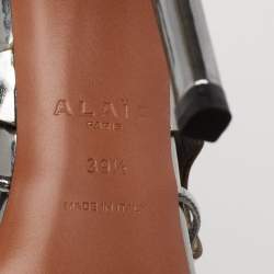 Pre Owned Alaia Metallic Grey Mirror Leather Caged Ankle-Strap Sandals Size 39.5