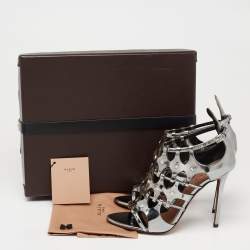 Pre Owned Alaia Metallic Grey Mirror Leather Caged Ankle-Strap Sandals Size 39.5