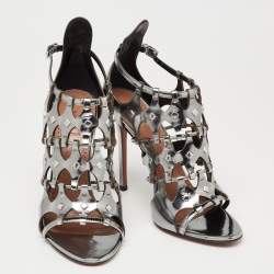 Pre Owned Alaia Metallic Grey Mirror Leather Caged Ankle-Strap Sandals Size 39.5
