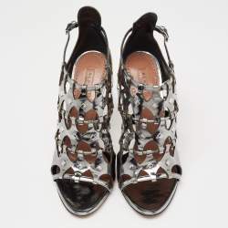 Pre Owned Alaia Metallic Grey Mirror Leather Caged Ankle-Strap Sandals Size 39.5