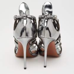 Pre Owned Alaia Metallic Grey Mirror Leather Caged Ankle-Strap Sandals Size 39.5