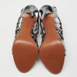 Pre Owned Alaia Metallic Grey Mirror Leather Caged Ankle-Strap Sandals Size 39.5