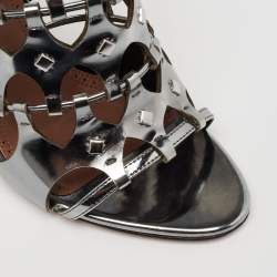 Pre Owned Alaia Metallic Grey Mirror Leather Caged Ankle-Strap Sandals Size 39.5