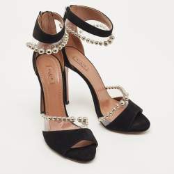 Pre Owned Alaia Black Suede And Pvc Bead Embellished Ankle Strap Sandals Size 38.5