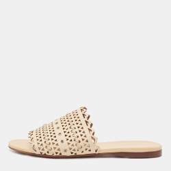 Alaia Beige Leather Flat Slides Size 38