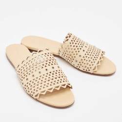 Alaia Beige Leather Flat Slides Size 38