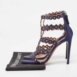 Pre Owned Alaia Navy Blue Laser Cut Suede T-Bar Ankle Strap Sandals Size 37