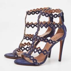 Pre Owned Alaia Navy Blue Laser Cut Suede T-Bar Ankle Strap Sandals Size 37