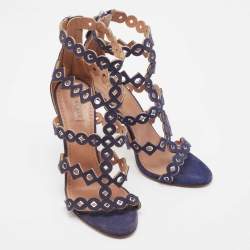 Pre Owned Alaia Navy Blue Laser Cut Suede T-Bar Ankle Strap Sandals Size 37