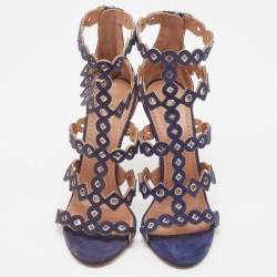Pre Owned Alaia Navy Blue Laser Cut Suede T-Bar Ankle Strap Sandals Size 37