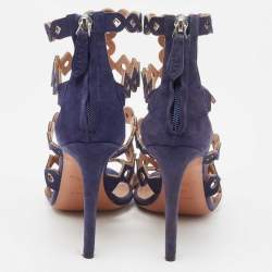 Pre Owned Alaia Navy Blue Laser Cut Suede T-Bar Ankle Strap Sandals Size 37