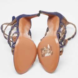 Pre Owned Alaia Navy Blue Laser Cut Suede T-Bar Ankle Strap Sandals Size 37