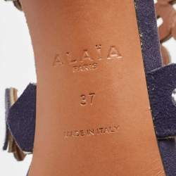 Pre Owned Alaia Navy Blue Laser Cut Suede T-Bar Ankle Strap Sandals Size 37