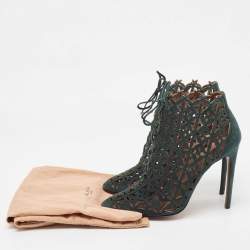 Alaia Green Laser Cut Suede Lace Up Ankle Booties Size 39
