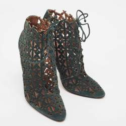 Alaia Green Laser Cut Suede Lace Up Ankle Booties Size 39