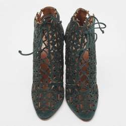 Alaia Green Laser Cut Suede Lace Up Ankle Booties Size 39