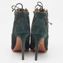 Alaia Green Laser Cut Suede Lace Up Ankle Booties Size 39