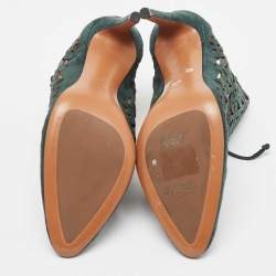 Alaia Green Laser Cut Suede Lace Up Ankle Booties Size 39