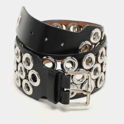 Alaia Black Leather Grommet Waist Belt 75CM