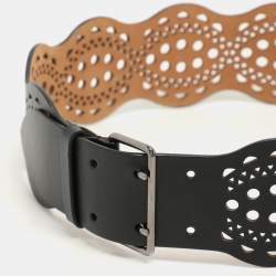 Alaia Black Leather Laser Cut Buckle Waist Belt 70CM