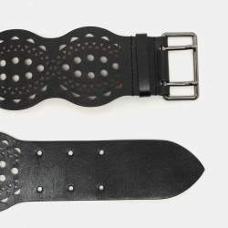 Alaia Black Leather Laser Cut Buckle Waist Belt 70CM