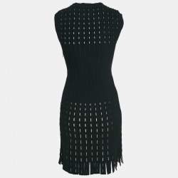 Pre Owned Alaia Black Stripe Stretch Knit Fringe Flared Mini Dress M