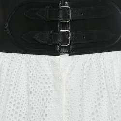Alaia White Sangallo Cotton and Leather Trim Belted Skirt S