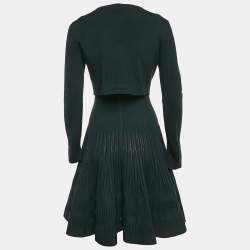 Pre Owned Alaia Green Textured Knit Sleeveless Flared Mini Dress with Cardigan L