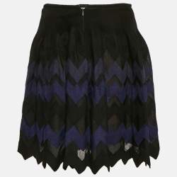 Alaia Black/Navy Blue Chevron Pattern Silk Blend Knit Mini Skirt M