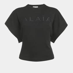 Pre Owned Alaia Black Logo Embroidered Cotton Crew Neck T-Shirt S
