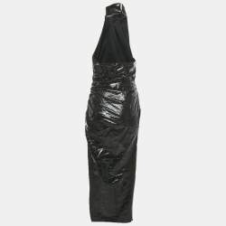 Pre Owned Alaia Black Crocodile Pattern Faux Leather Asymmetric Midi Dress M