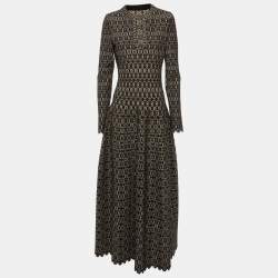 Pre Owned Alaia Black Metallic Stretch Knit Lace Pattern Maxi Dress L