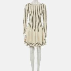 Pre Owned Alaia Beige Stripe Intarsia Stretch Knit Flared Mini Dress S