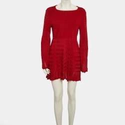 Pre Owned Alaia Red Textured Knit Flared Mini Dress L